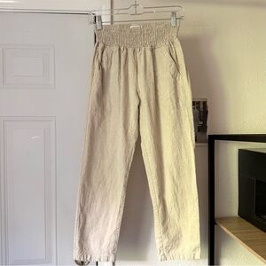 EMME cream ivory linen smocked elastic waist tapered cropped pants